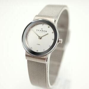Skagen Womens Silver Tone Steel Slim 26mm Watch Metal Mesh Strap w New Battery